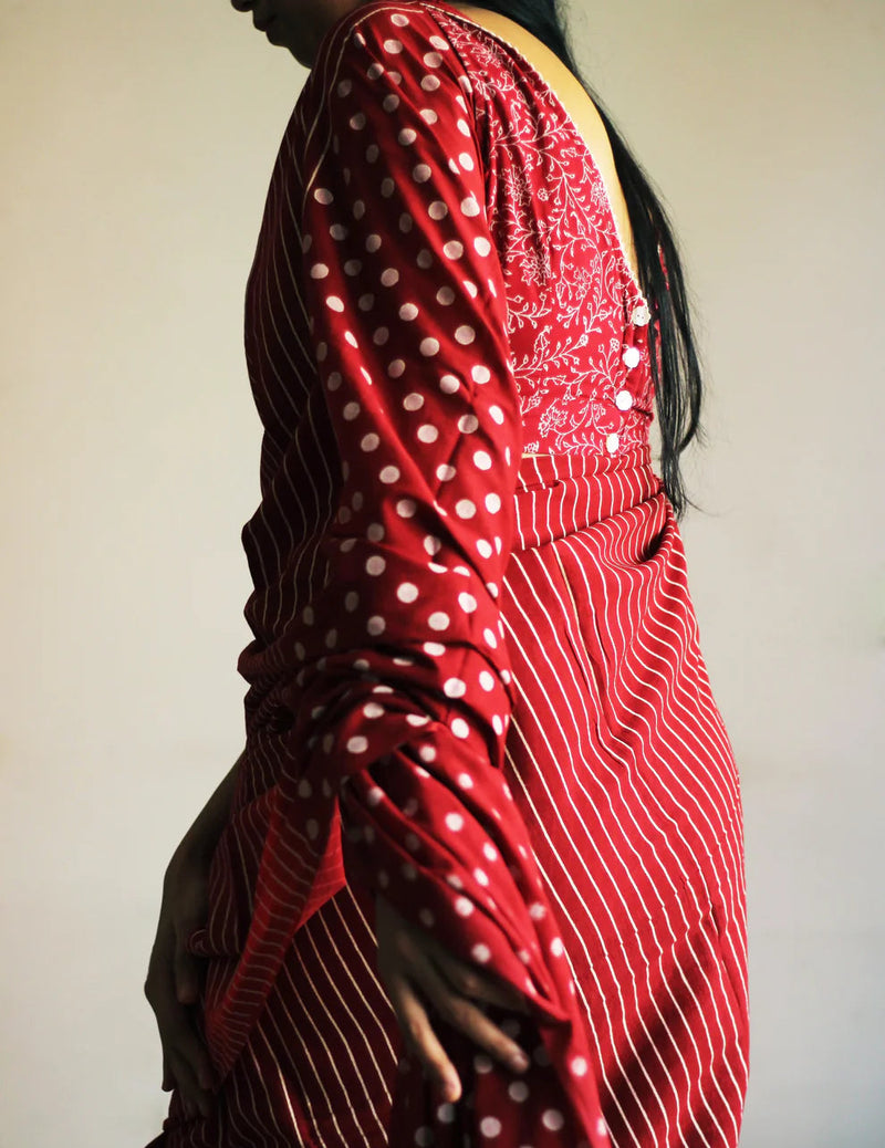 Crimson Dot & Stripe Cotton Saree