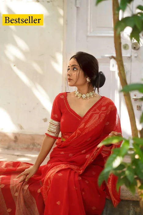 Red Handloom Cotton Woven Motifs Saree With Blouse
