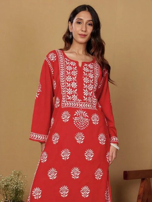 Rayon Long Chikankari Straight Kurti