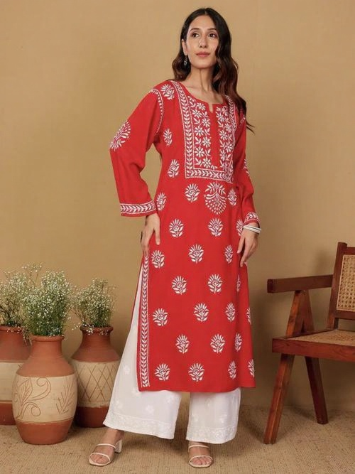 Rayon Long Chikankari Straight Kurti