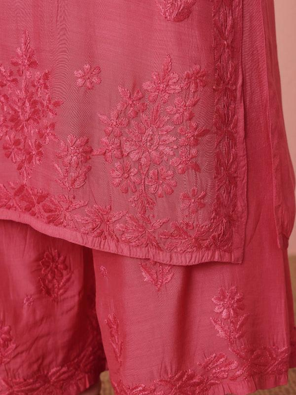 Premium Muslin Coral Pink Chikankari Kurti Palazzo Set