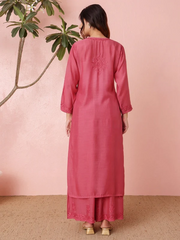 Premium Muslin Coral Pink Chikankari Kurti Palazzo Set
