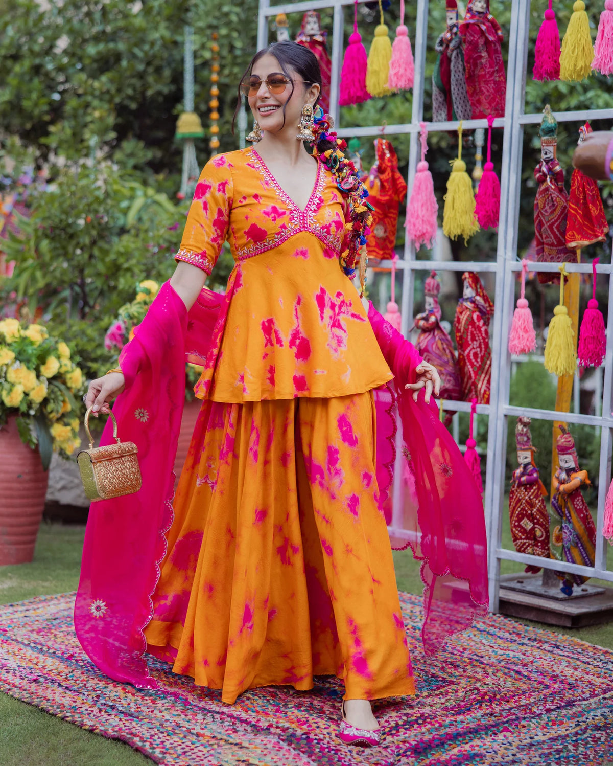 Ritu Orange Pink Tie-Dye Sharara Set