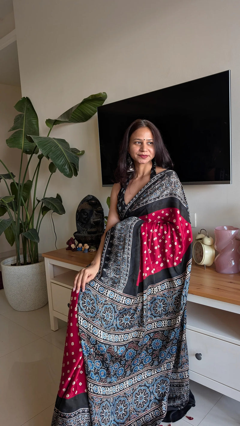 Bandhani Ajrakh Modal Silk Saree