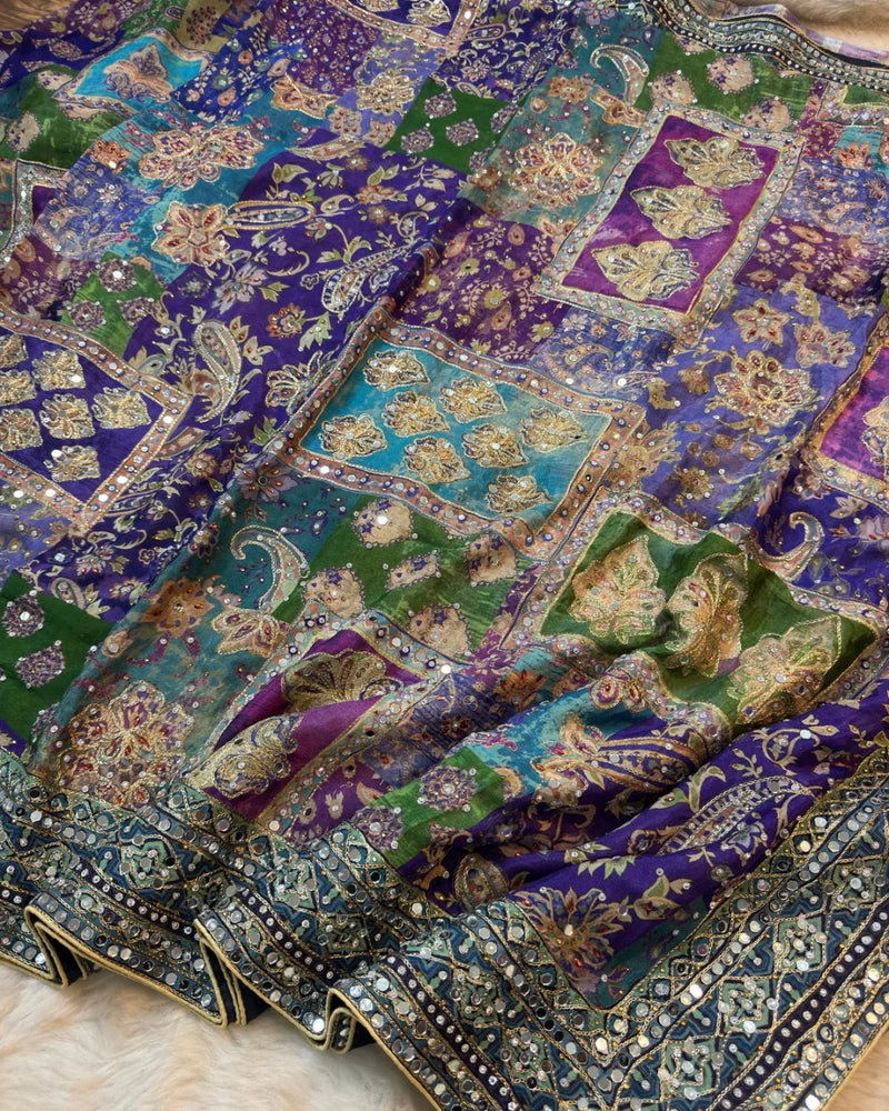 Premium Multicolor Chinon Saree with Heavy Mirror & Sequin Handwork Stitched Blouse - By Reet Lifestyle