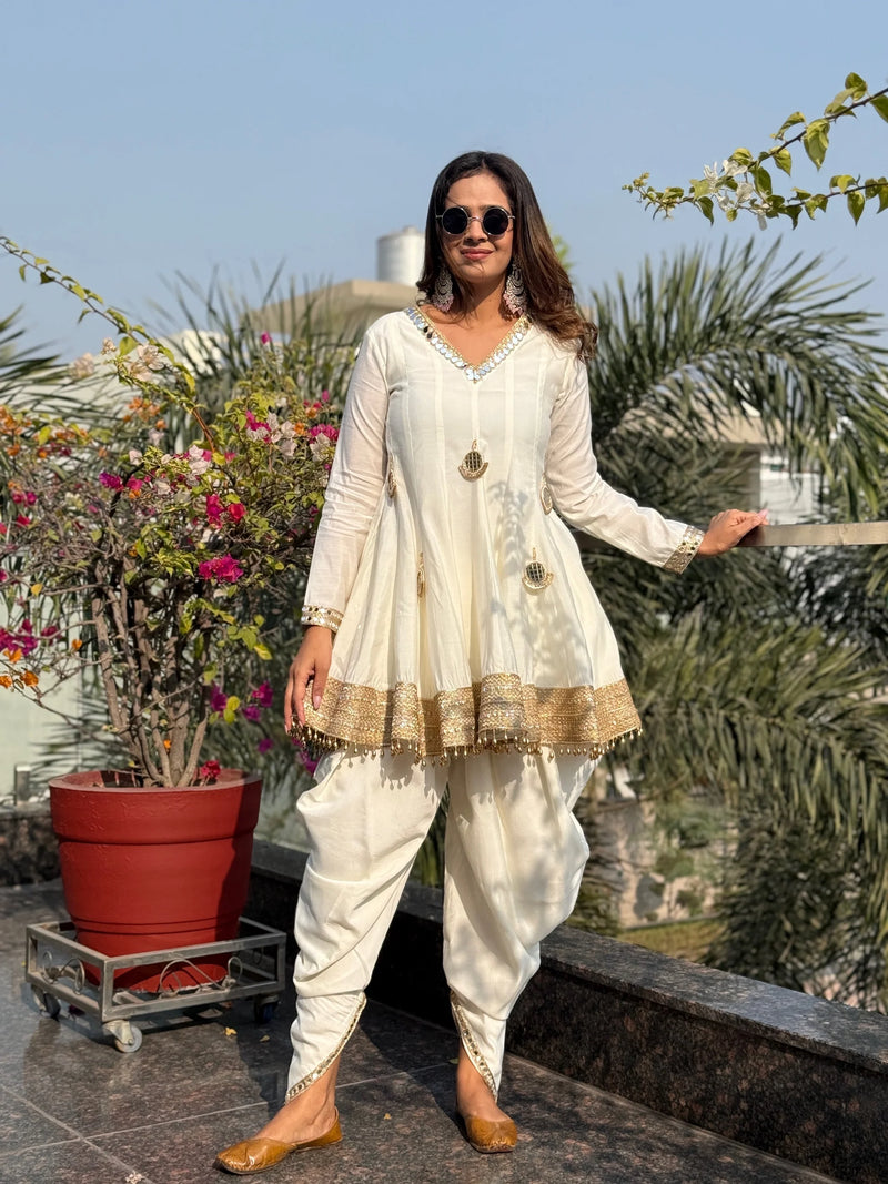 White Chanderi Silk Mirror Dhoti Kurta Set