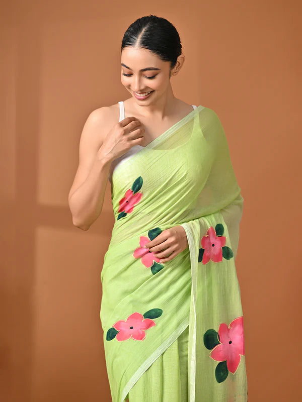 Hand Painted Green Mulmul Cotton Saree