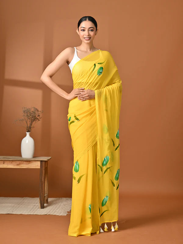 Hand painted yellow mulmul saree