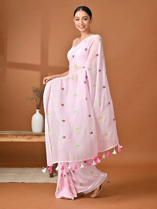 Pink Embroidered Mulmul Cotton Saree 1080