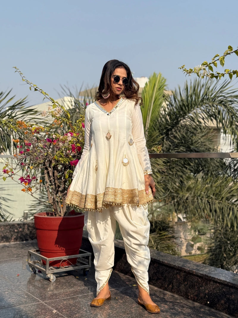 White Chanderi Silk Mirror Dhoti Kurta Set