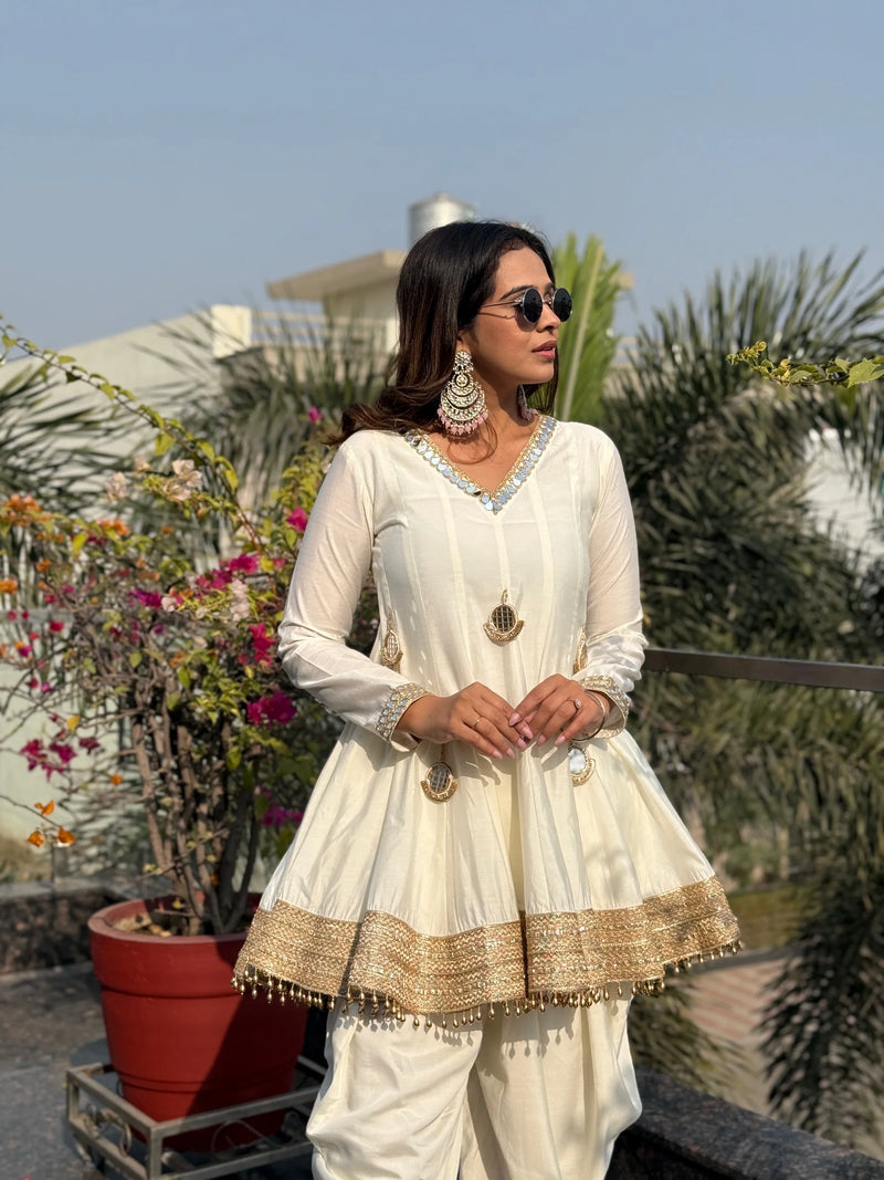 White Chanderi Silk Mirror Dhoti Kurta Set