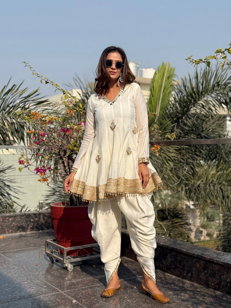 White Chanderi Silk Mirror Dhoti Kurta Set