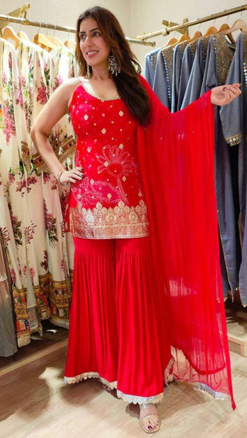 Elegant Red Banarasi Spaghetti Sharara Set