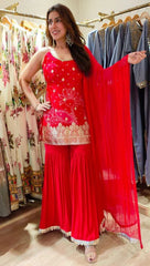 Elegant Red Banarasi Spaghetti Sharara Set