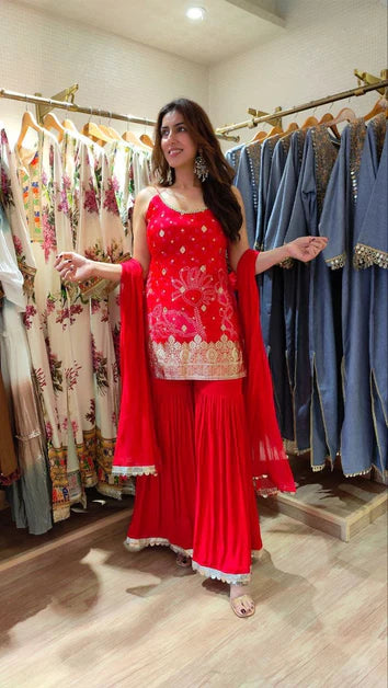Elegant Red Banarasi Spaghetti Sharara Set