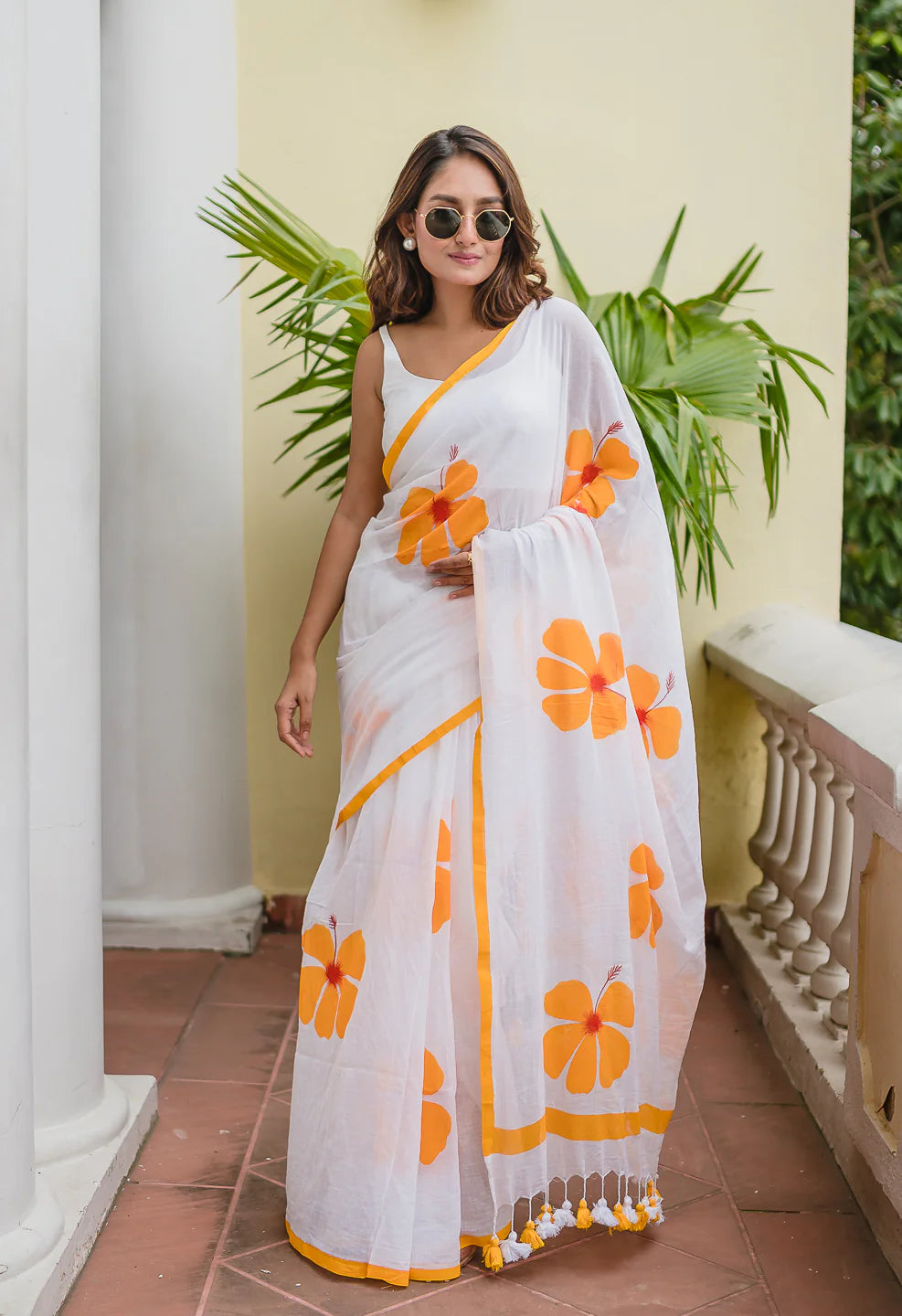 Hand Painted White Mulmul Cotton Saree