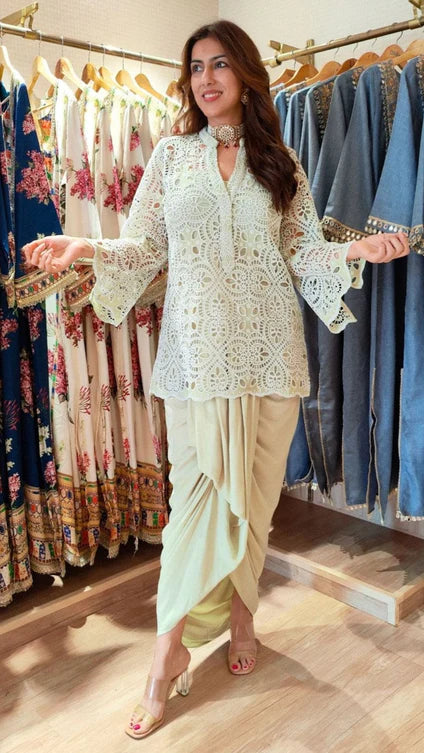 Pink Cutwork Kurta Dhoti Set