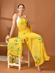 Hand Painted Yellow Mulmul Cotton Saree