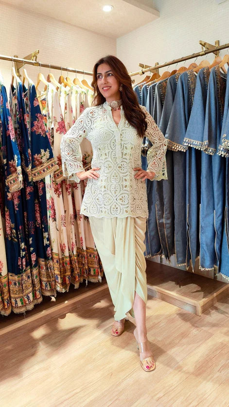 Pink Cutwork Kurta Dhoti Set