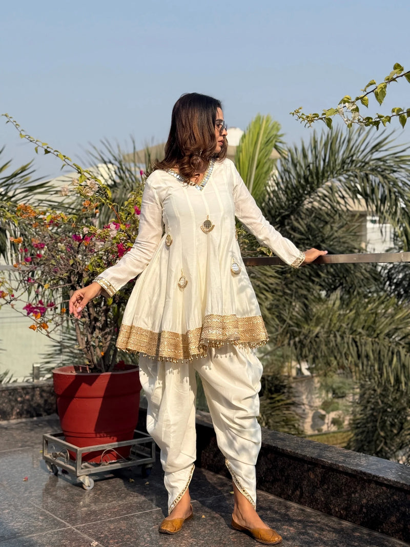 White Chanderi Silk Mirror Dhoti Kurta Set