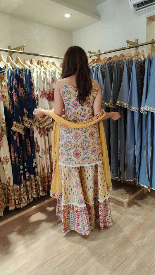 Yellow Jaipuri Spaghetti Sharara Set