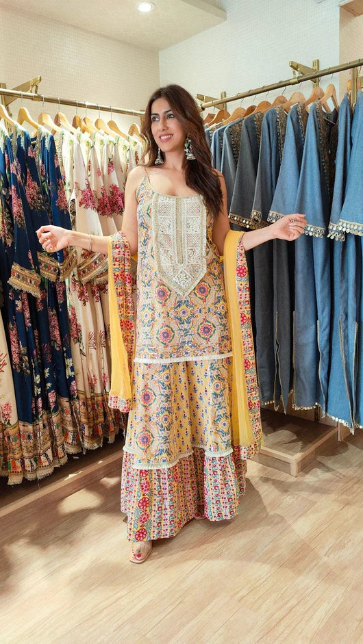 Yellow Jaipuri Spaghetti Sharara Set