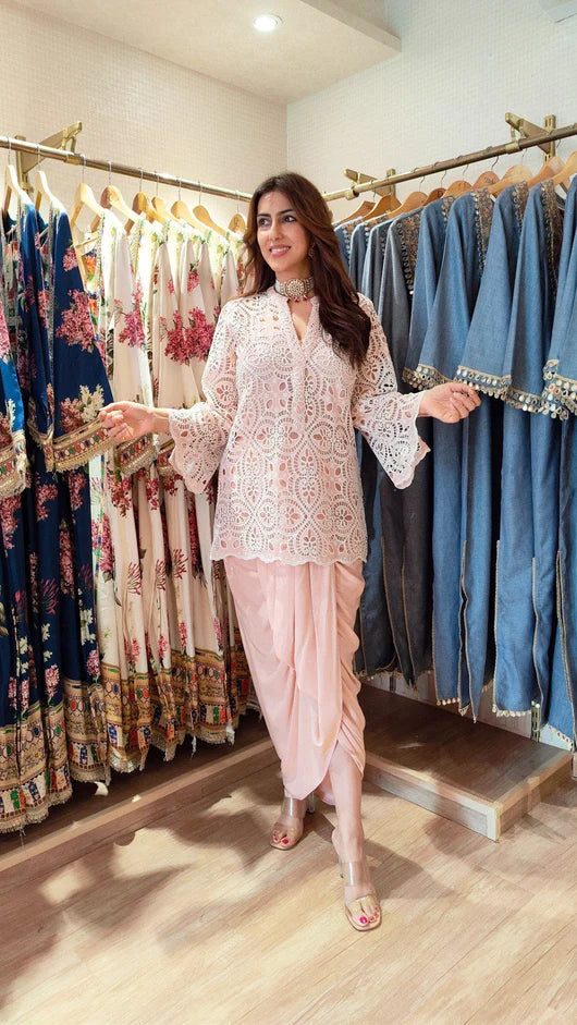 Pink Cutwork Kurta Dhoti Set
