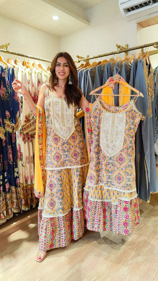 Yellow Jaipuri Spaghetti Sharara Set