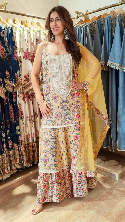 Yellow Jaipuri Spaghetti Sharara Set