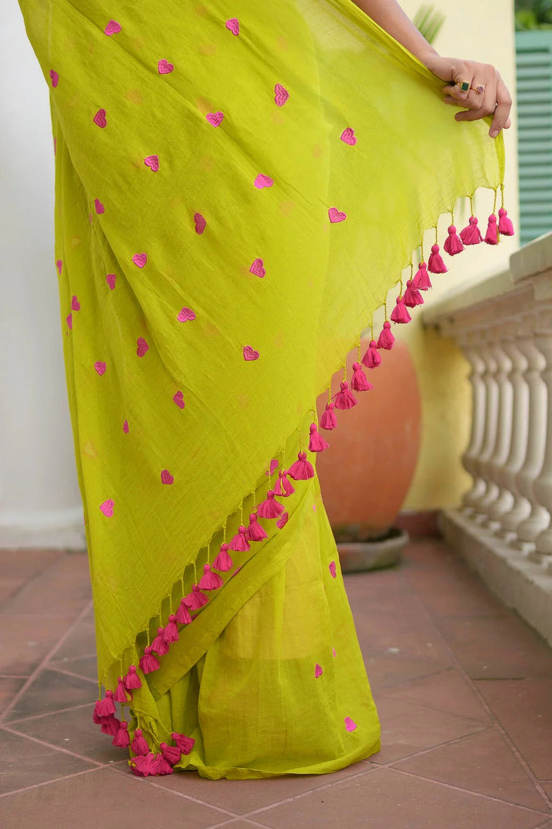 Lime Green Love Mulmul Cotton Saree