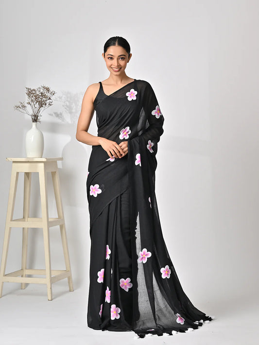 Hand-Painted Black Mulmul Cotton Saree 1080