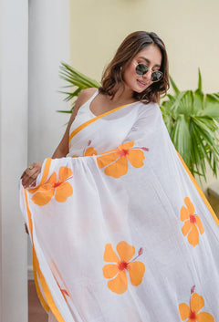 Hand Painted White Mulmul Cotton Saree
