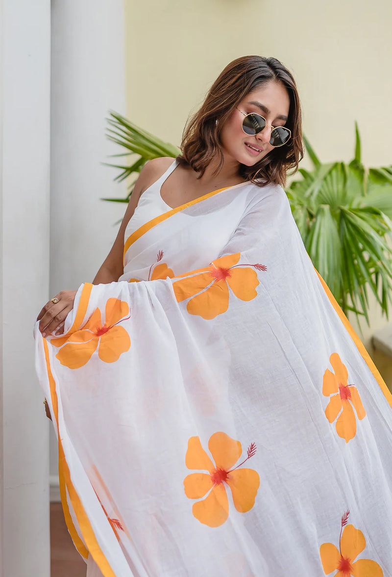 Hand Painted White Mulmul Cotton Saree