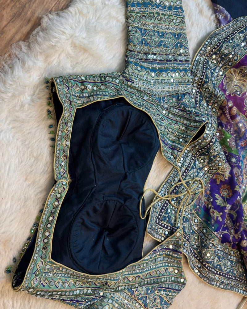 Premium Multicolor Chinon Saree with Heavy Mirror & Sequin Handwork Stitched Blouse - By Reet Lifestyle