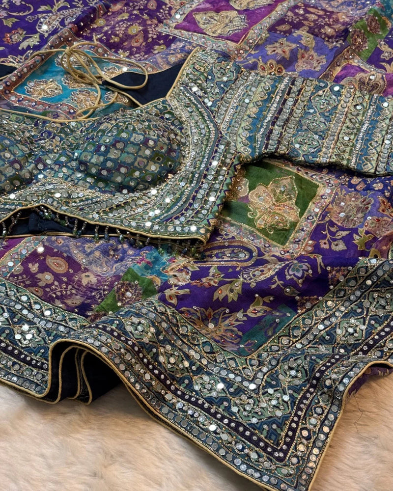 Premium Multicolor Chinon Saree with Heavy Mirror & Sequin Handwork Stitched Blouse - By Reet Lifestyle