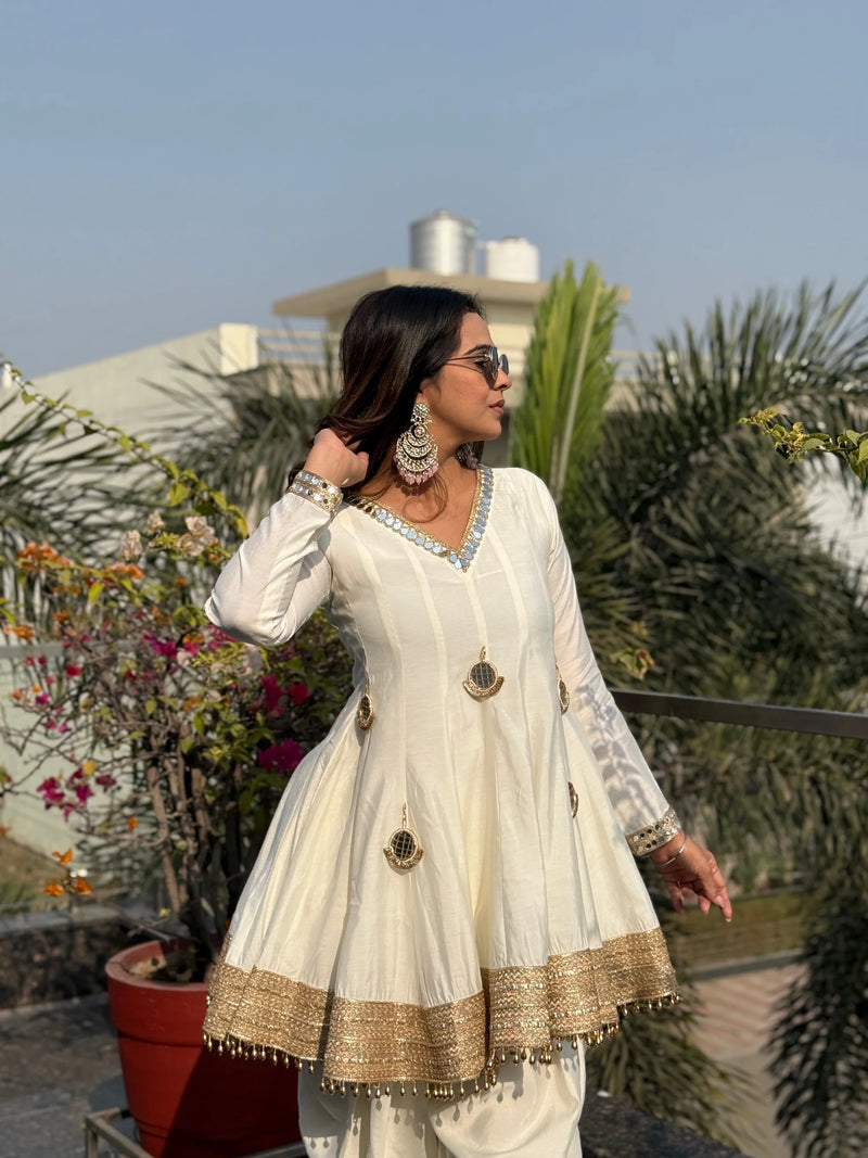 White Chanderi Silk Mirror Dhoti Kurta Set