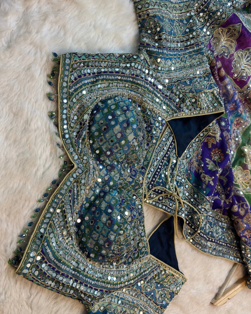 Premium Multicolor Chinon Saree with Heavy Mirror & Sequin Handwork Stitched Blouse - By Reet Lifestyle