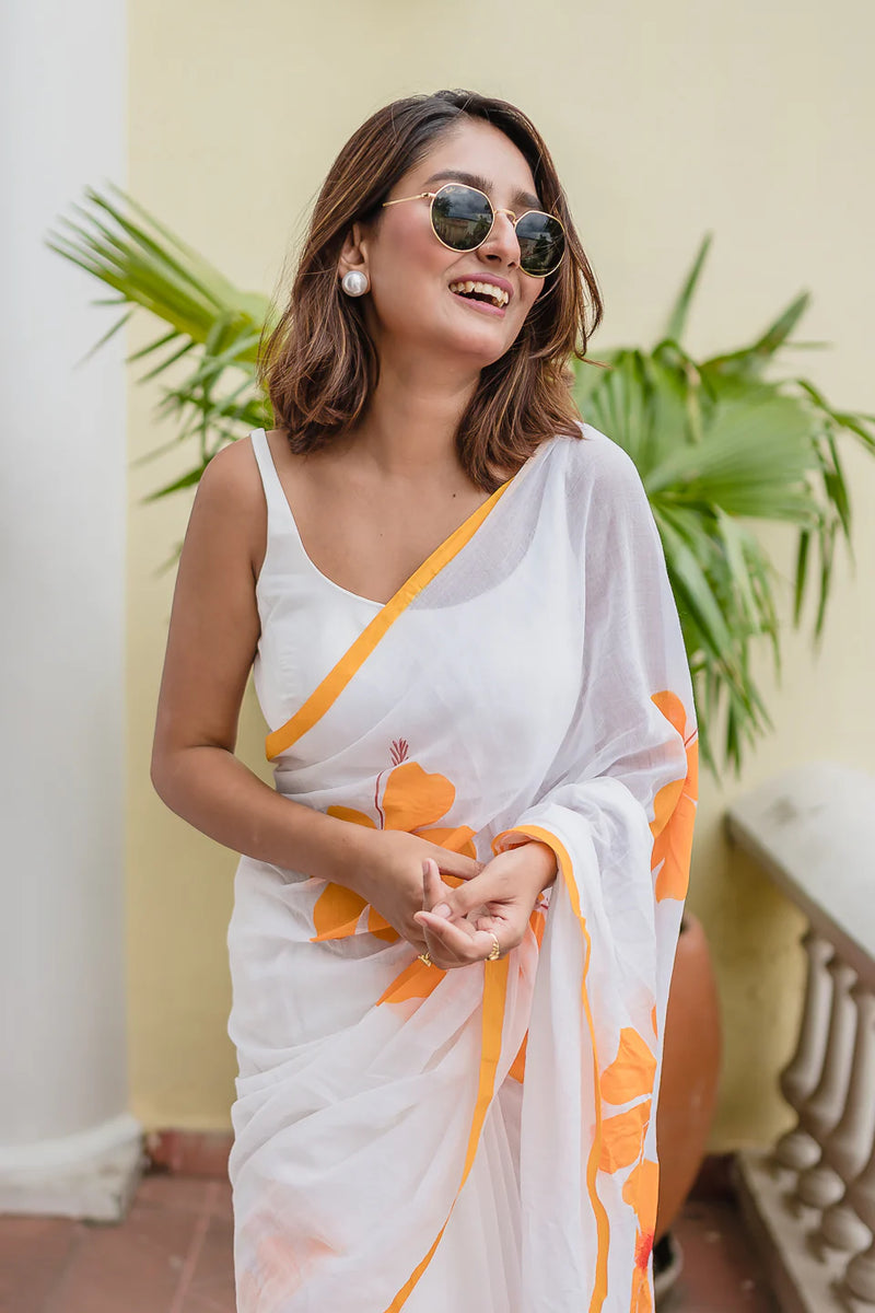 Hand Painted White Mulmul Cotton Saree