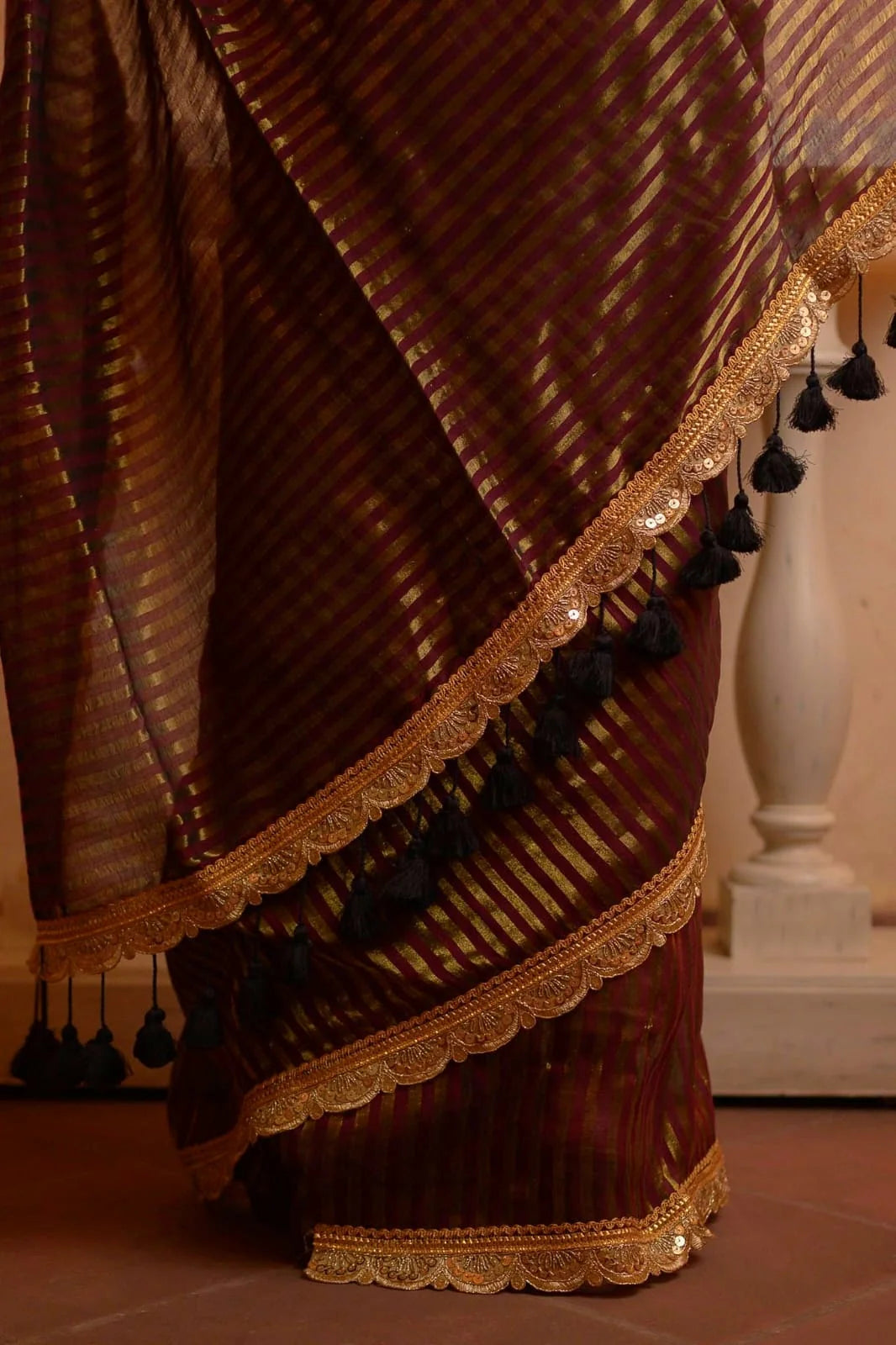 Maroon Zari Tissue Festive Saree