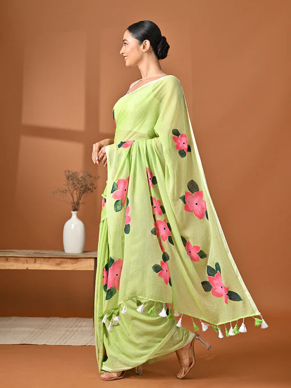 Hand painted green mulmul saree