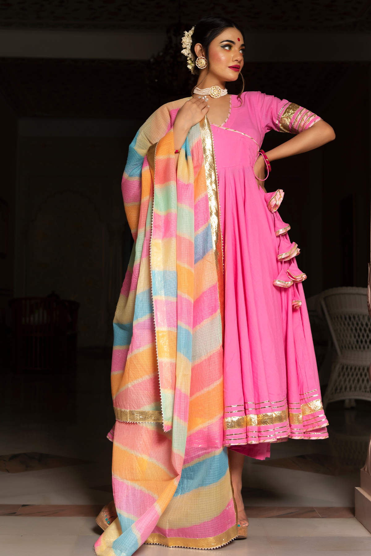 Rose pink cotton angrakha suit set