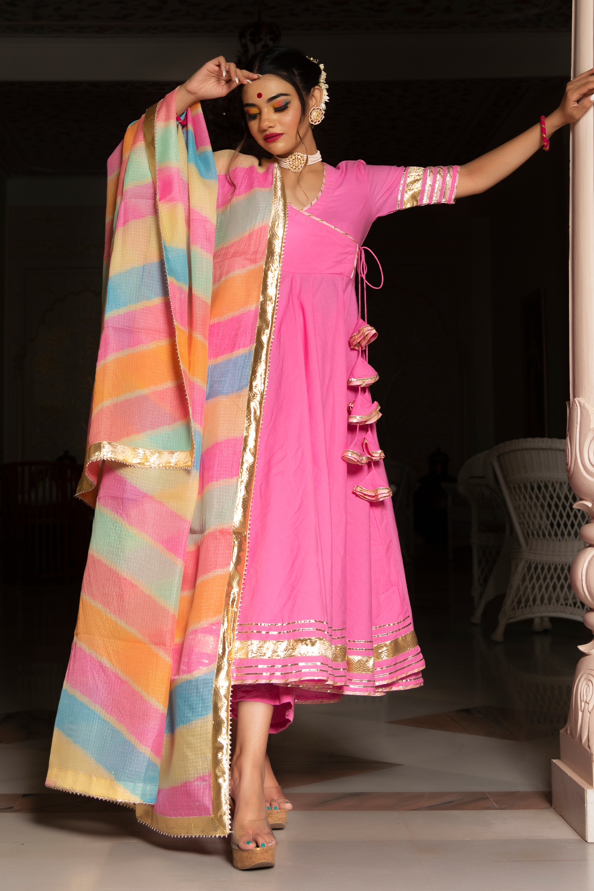 Pink angrakha style set with lace