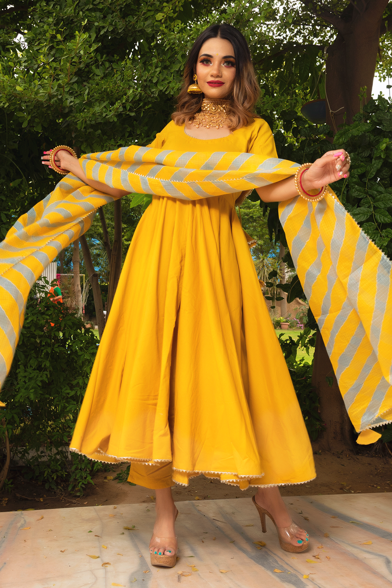 yellow cotton Anarkali suit set