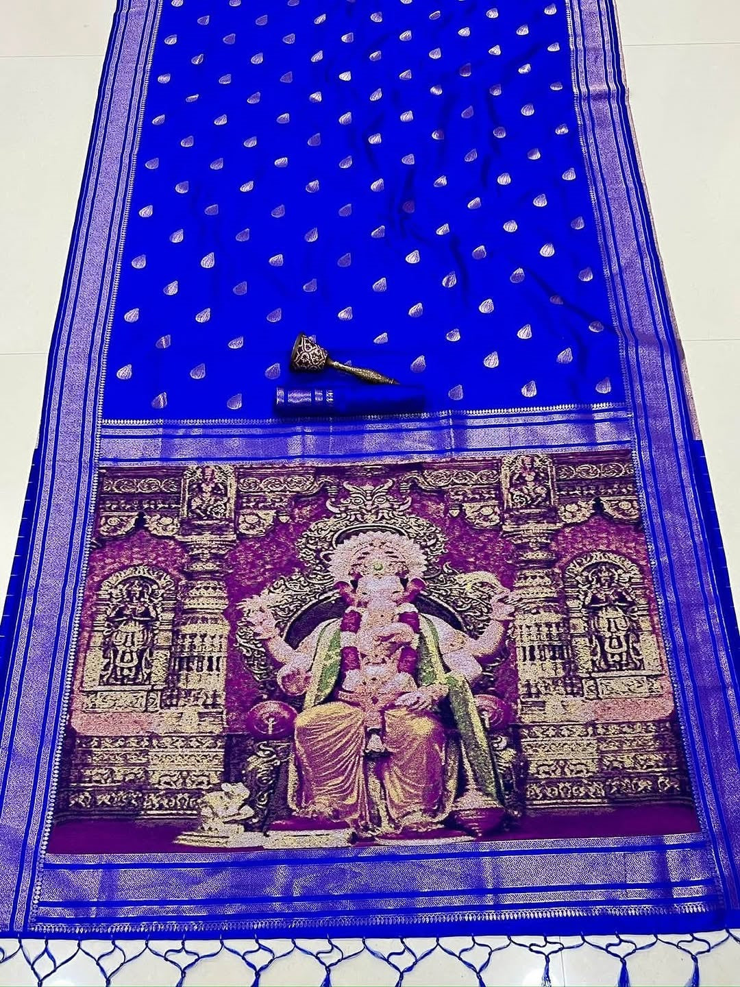 Royal blue paithani silk ganpati design saree