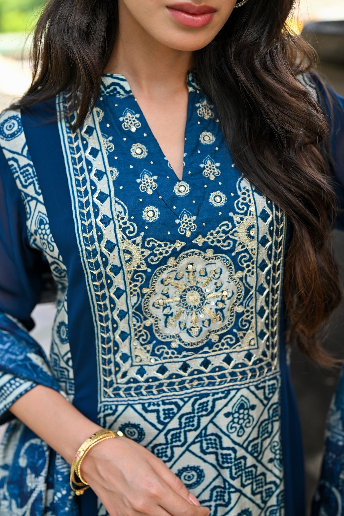 royal blue anarkali suit with flowy fabric