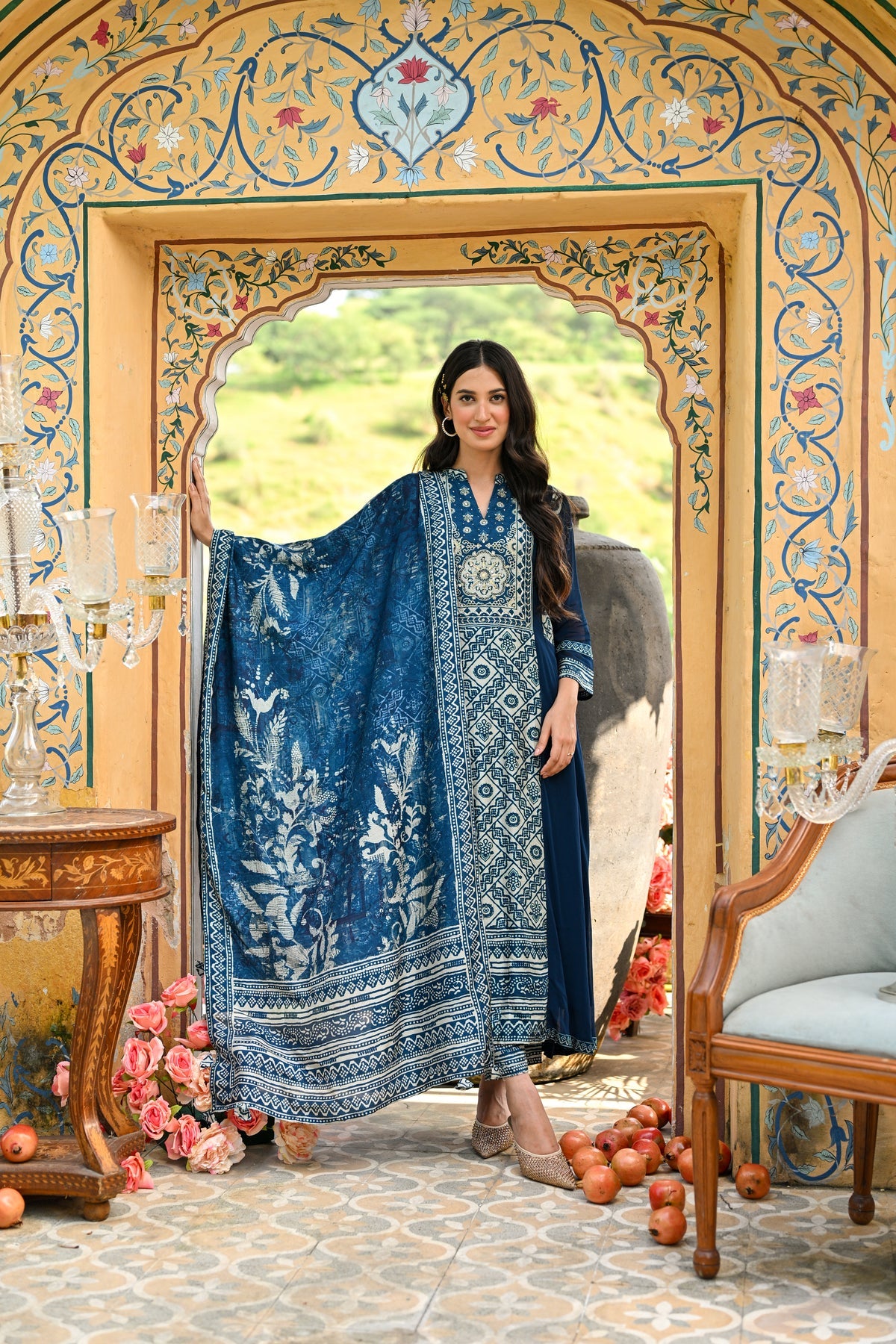 royal blue georgette anarkali suit with dupatta