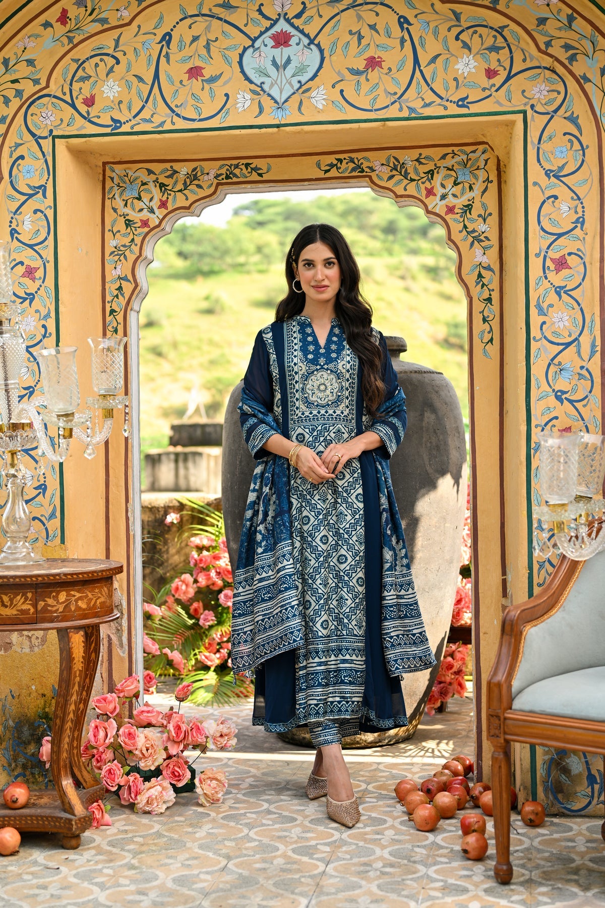 muslin dupatta with royal blue anarkali suit