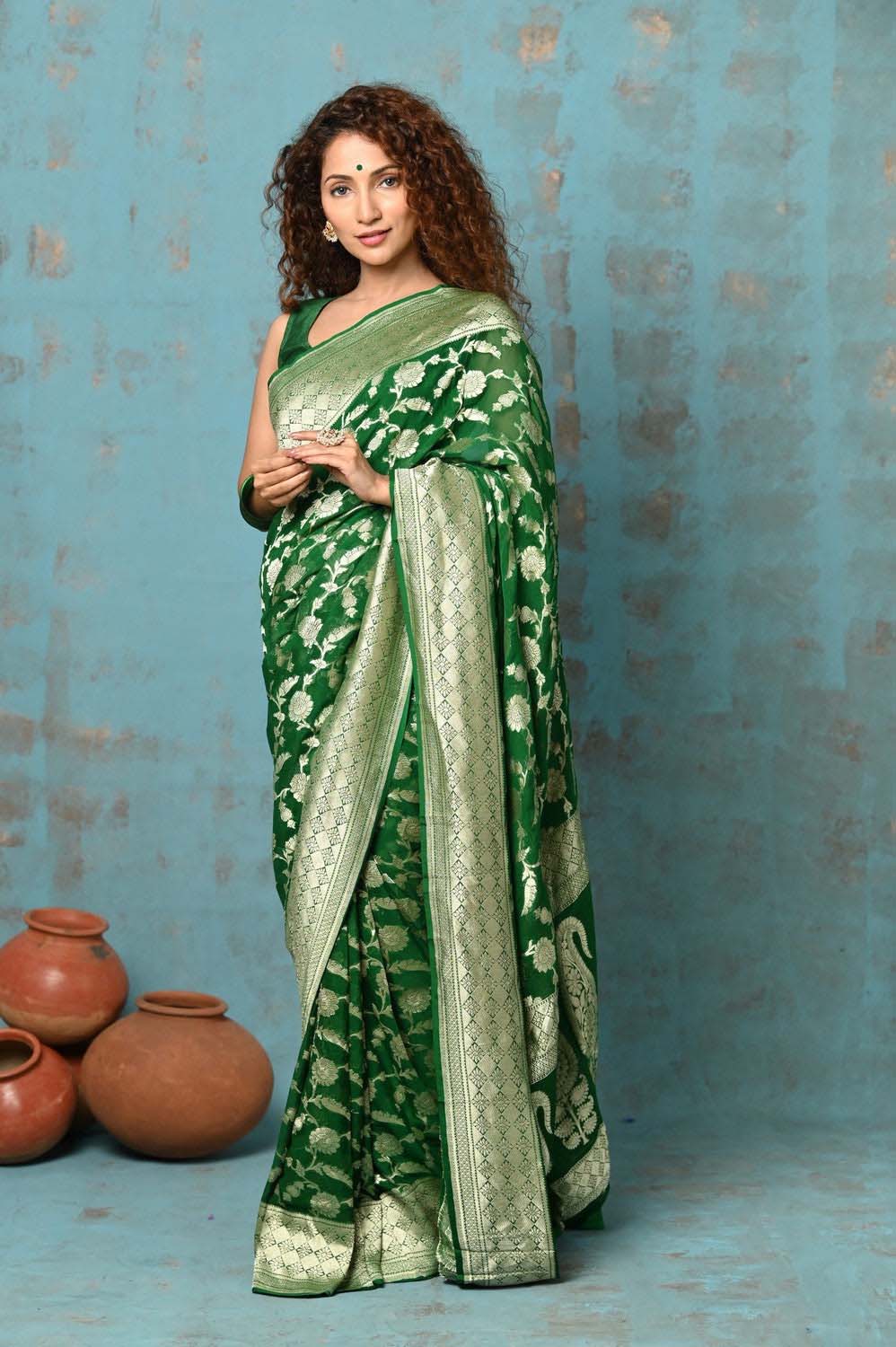 Royal Green Handloom Khaddi Georgette Saree
