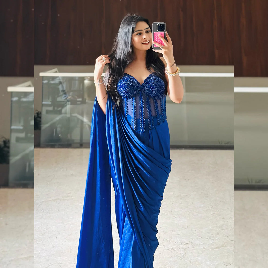 Emerald Green Off-Shoulder Corset Saree