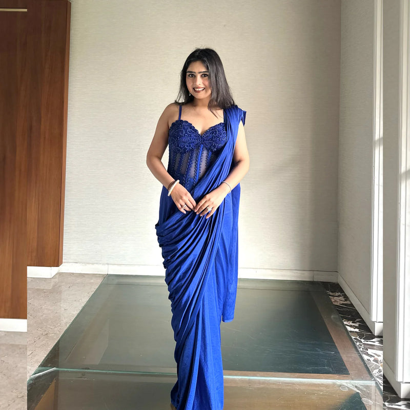 Emerald Green Off-Shoulder Corset Saree